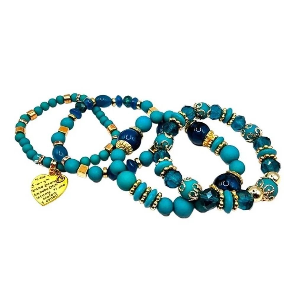 Turquoise Bohemian Glass Charms Bracelet Stretchable Boho Style Blue Jewelry - Picture 5 of 7